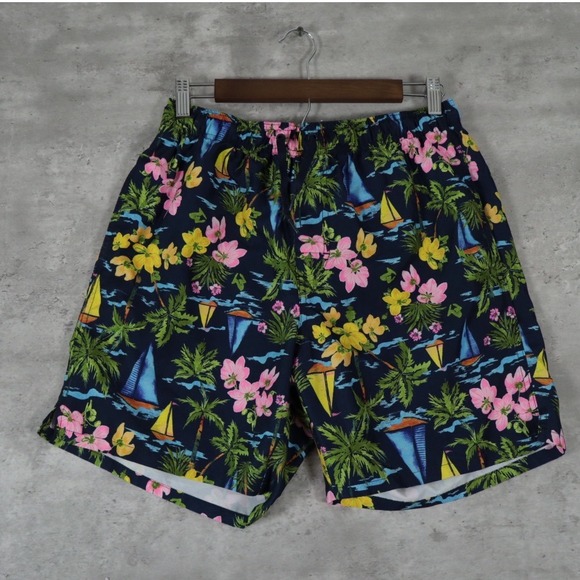 Old Navy Other - Old Navy Sailboat Tropical Swim Trunks Medium Navy Blue Floral Palm Tree
